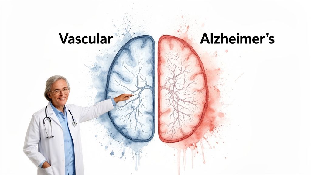 A doctor points to a split brain diagram comparing 'Vascular' (blue) and 'Alzheimer's' (red) conditions.