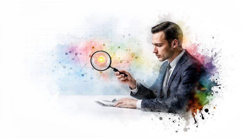 Watercolor illustration of a businessman examining data in a colorful network with a magnifying glass.
