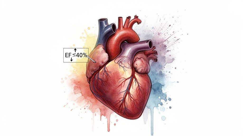 An anatomical illustration of a human heart with a label 'EF ≤ 40%' indicating heart failure.