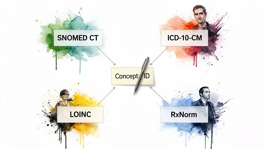 Diagram showing medical coding standards SNOMED CT, ICD-10-CM, LOINC, and RxNorm connected to a central Concept ID.