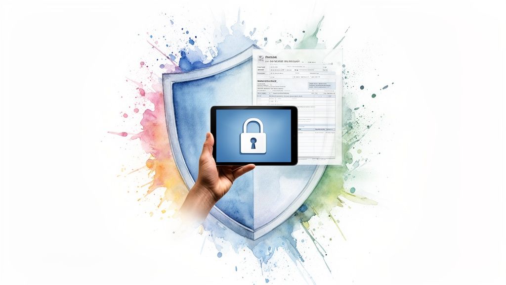 Hand holding tablet with lock icon, shield, and document, symbolizing digital data security and protection.