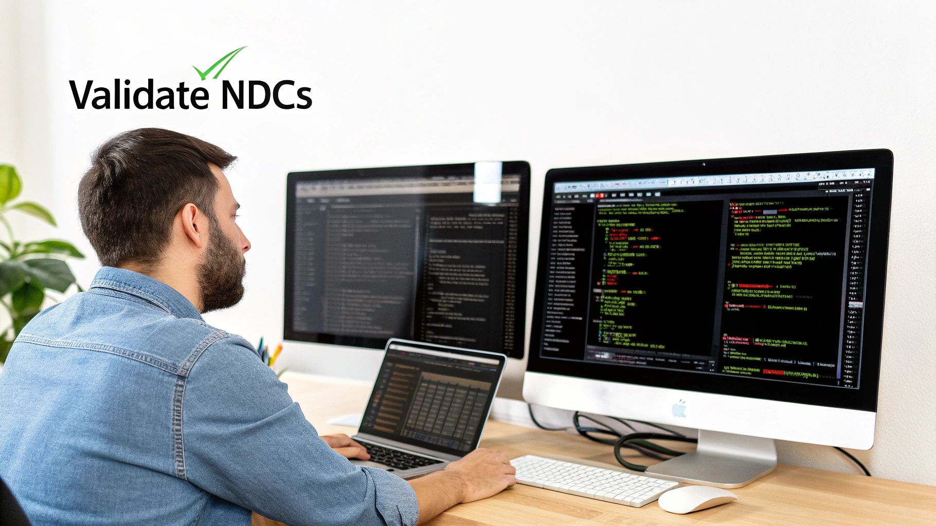 A man works on a multi-screen desktop setup with a laptop, validating NDCs.