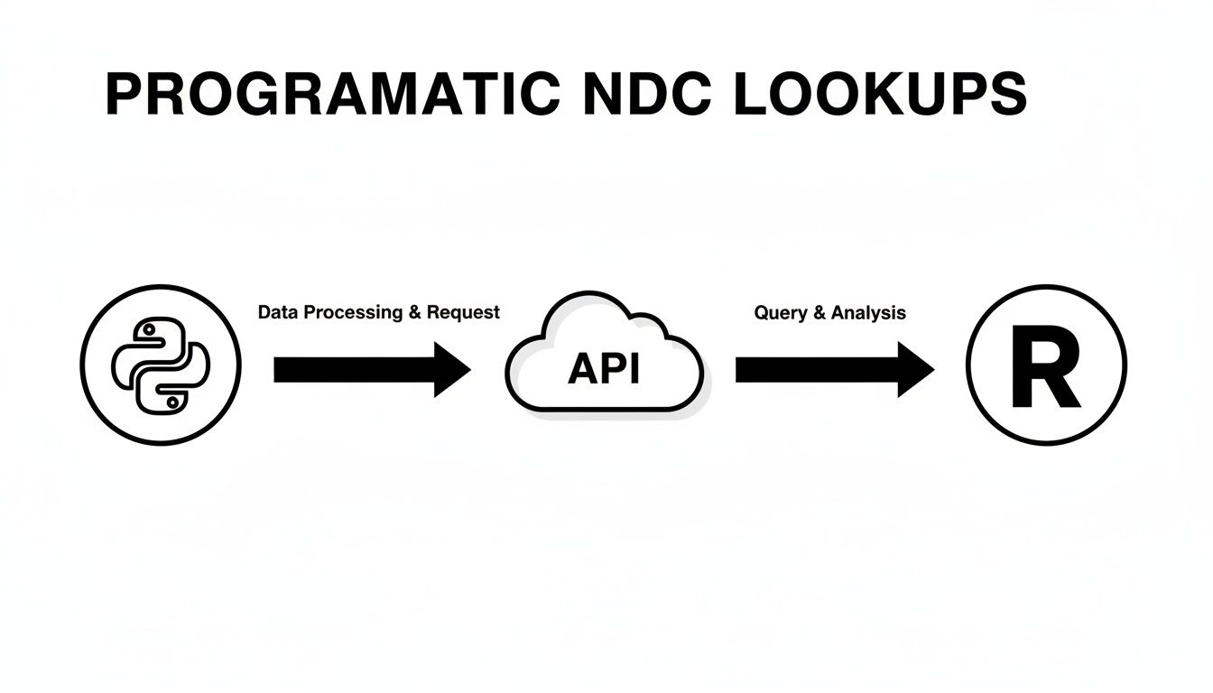Diagram illustrating programmatic NDC lookups: Python processes data and requests via an API for R to query and analyze.