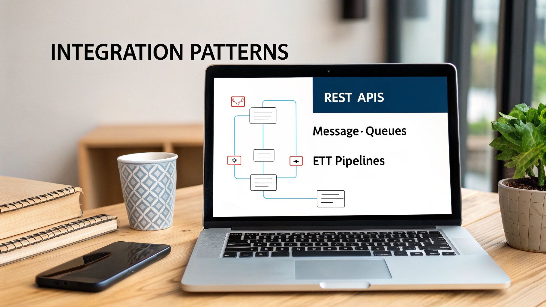 A laptop on a wooden desk displays a slide about integration patterns and APIs.