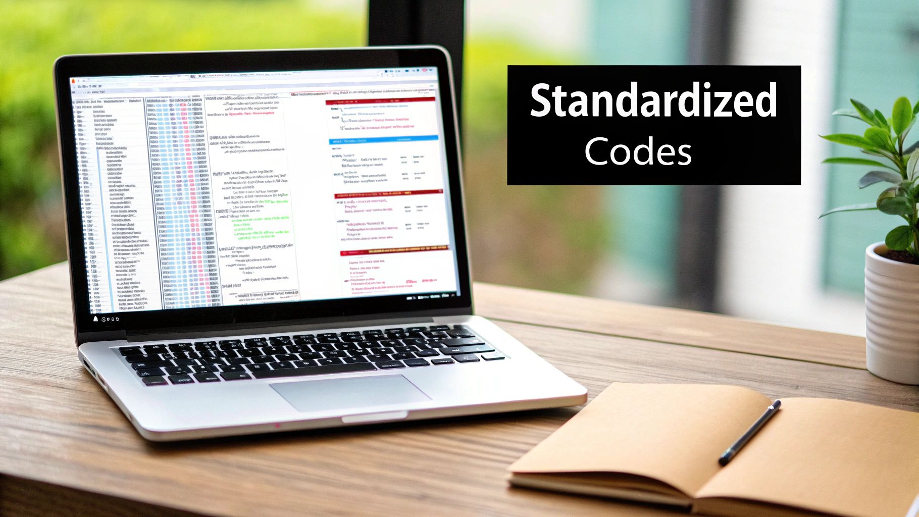 Laptop screen showing standardized codes on a wooden desk with a notebook, pen, and a plant.