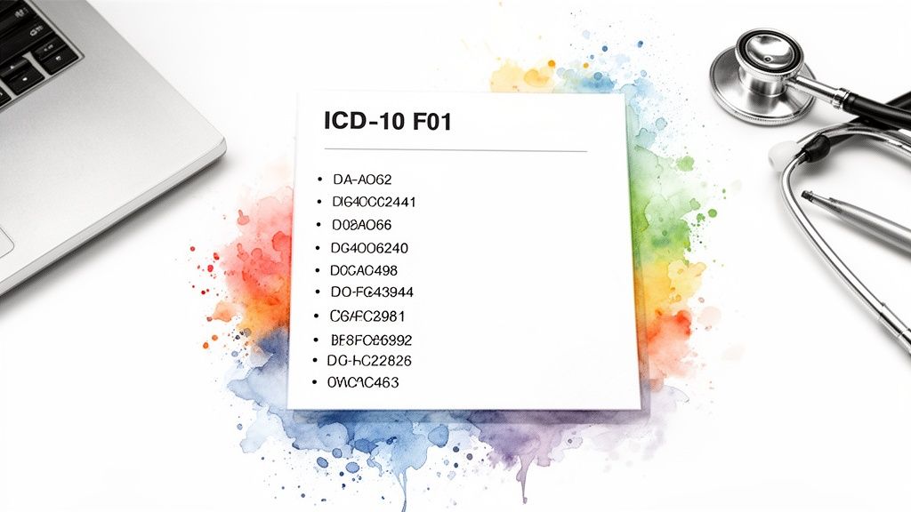 A paper displaying "ICD-10 F01" and a list of medical codes, alongside a laptop and stethoscope.