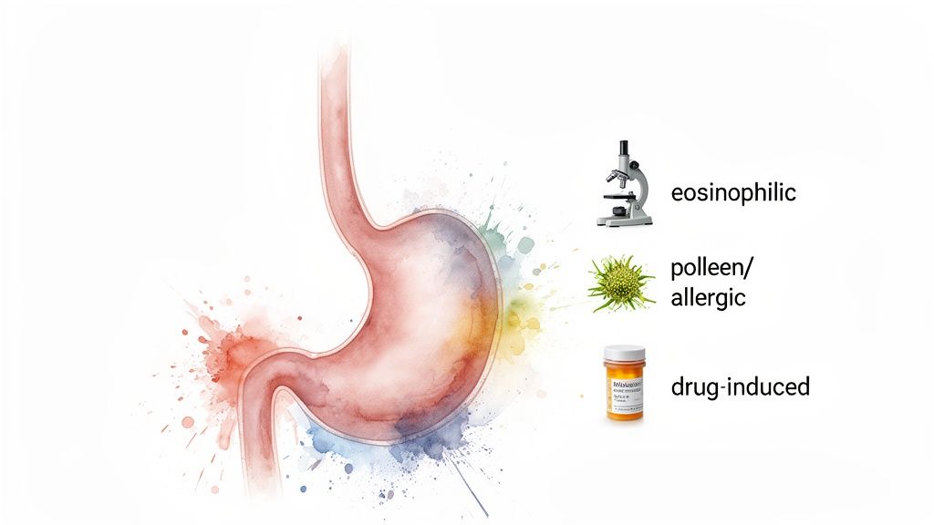 Watercolor illustration of a human stomach with icons for eosinophilic, pollen/allergic, and drug-induced conditions.