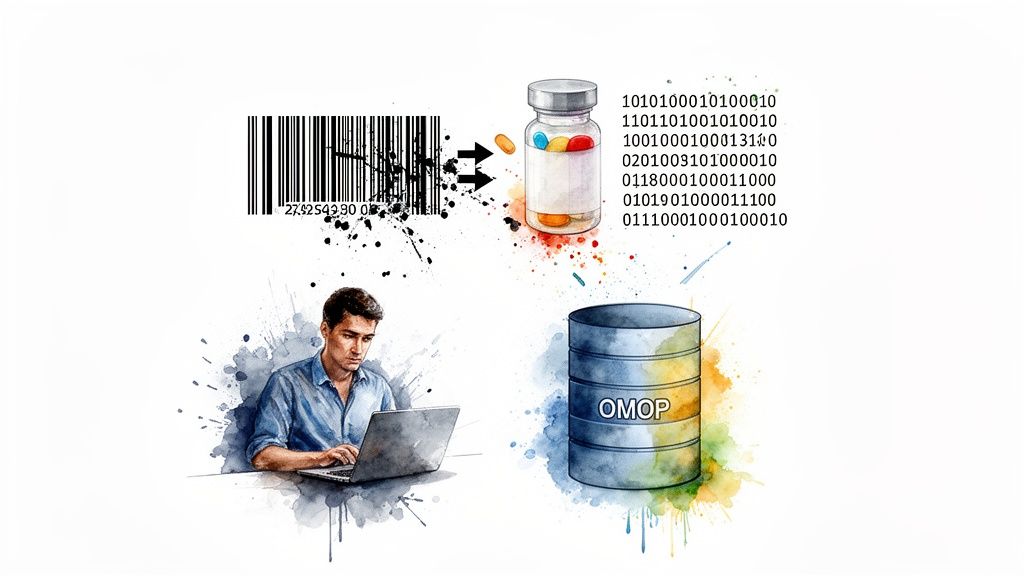 Watercolor illustration of a barcode converting to pills, binary data, a person on laptop, and an OMOP database.