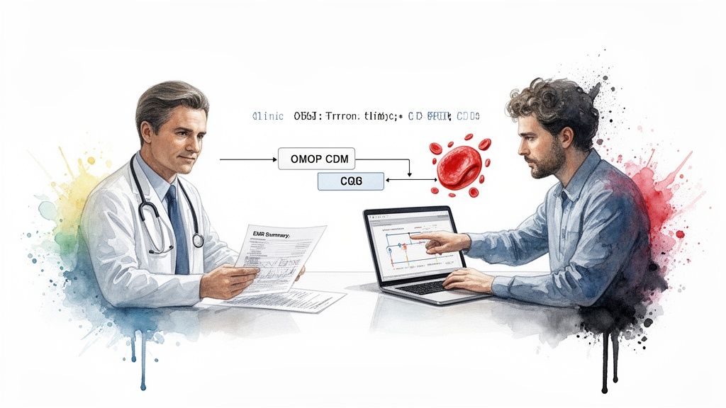 A doctor and a researcher discuss medical data flow, EMR summary, and red blood cell analysis.