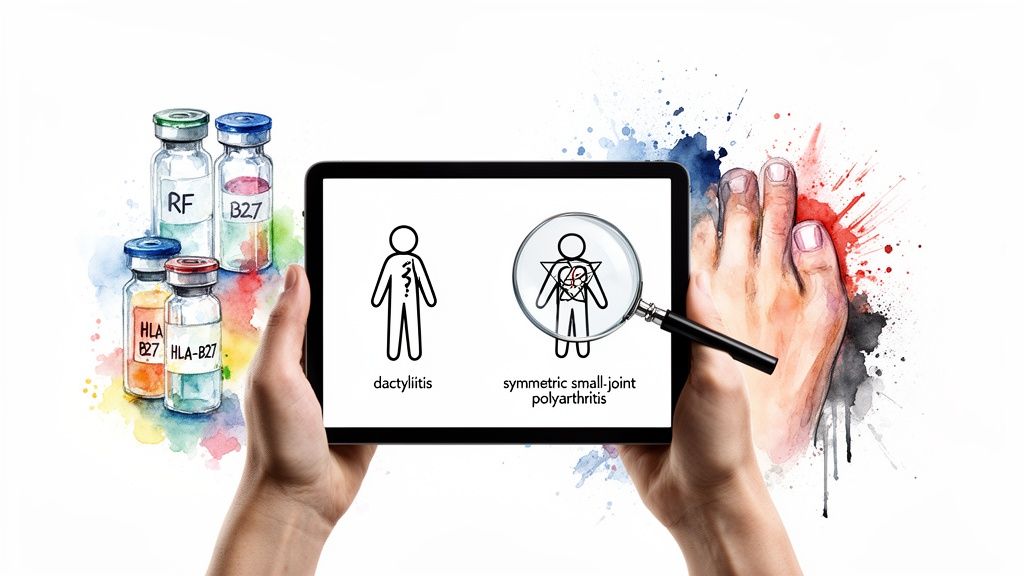 Medical illustration showing arthritis symptoms, diagnostic markers like HLA-B27, and inflamed foot.