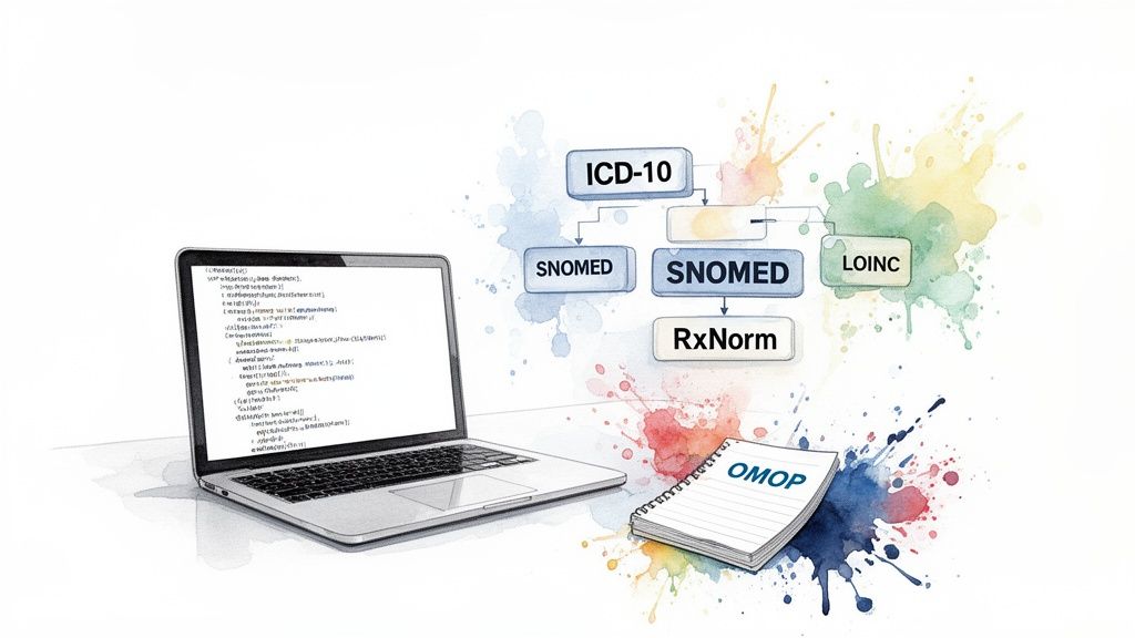 Diagram showing medical coding standards (ICD-10, SNOMED, RxNorm, LOINC) with a laptop displaying code and an OMOP notebook.