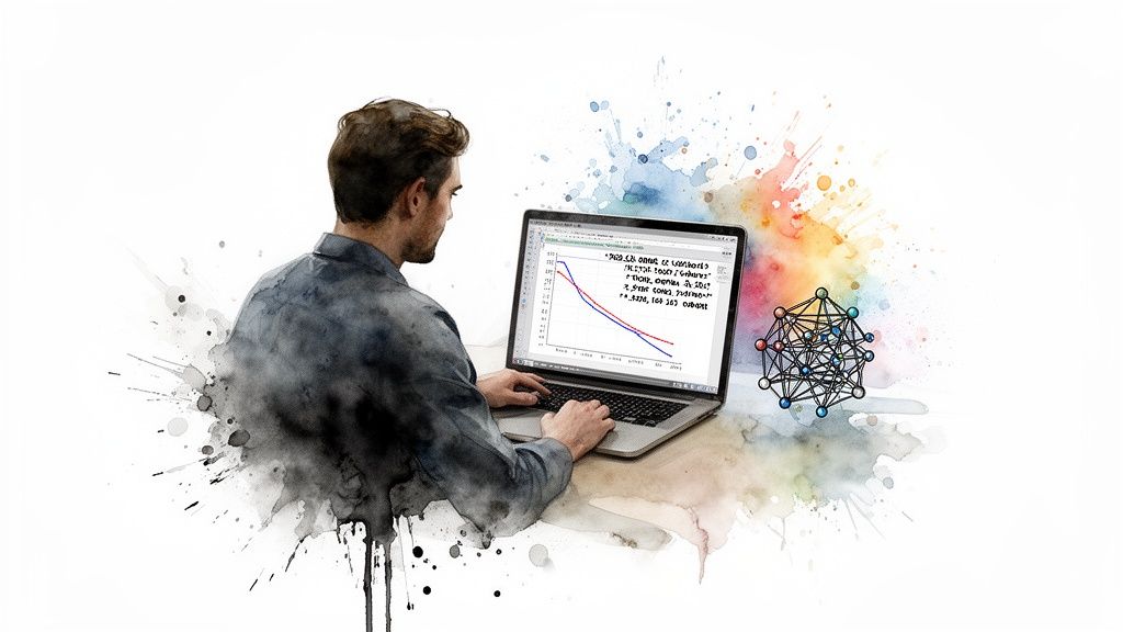Man analyzing data on a laptop, displaying graphs and a network model in a watercolor style.