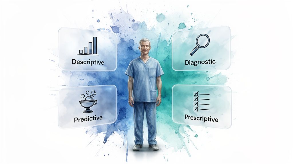A doctor stands amidst four panels illustrating descriptive, diagnostic, predictive, and prescriptive healthcare analytics.