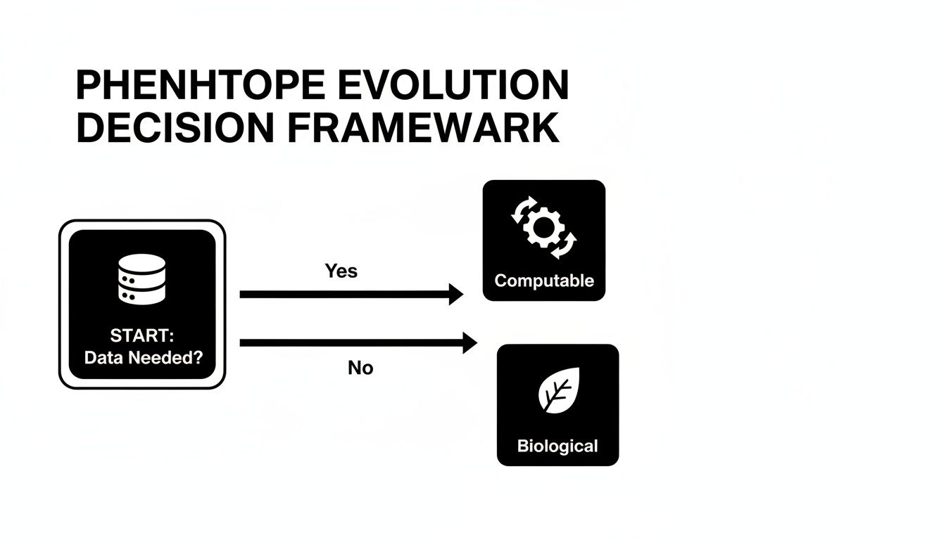 Phenhtope Evolution Decision Framework flowchart: 'Data Needed?' leads to 'Computable' (Yes) or 'Biological' (No).