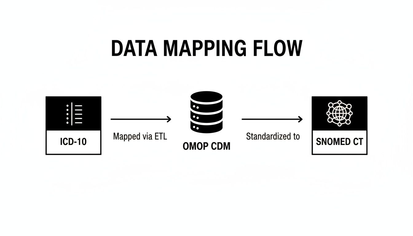 Data mapping flow diagram showing ICD-10 data mapped via ETL to OMOP CDM, then standardized to SNOMED CT.