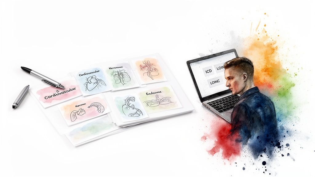 A student studies medical terminology with anatomical flashcards and a laptop showing ICD/LOINC codes.