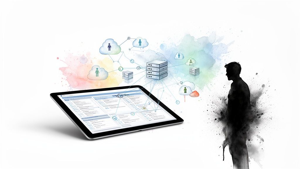 Digital ecosystem with a tablet displaying data, connected cloud services, servers, and a user.