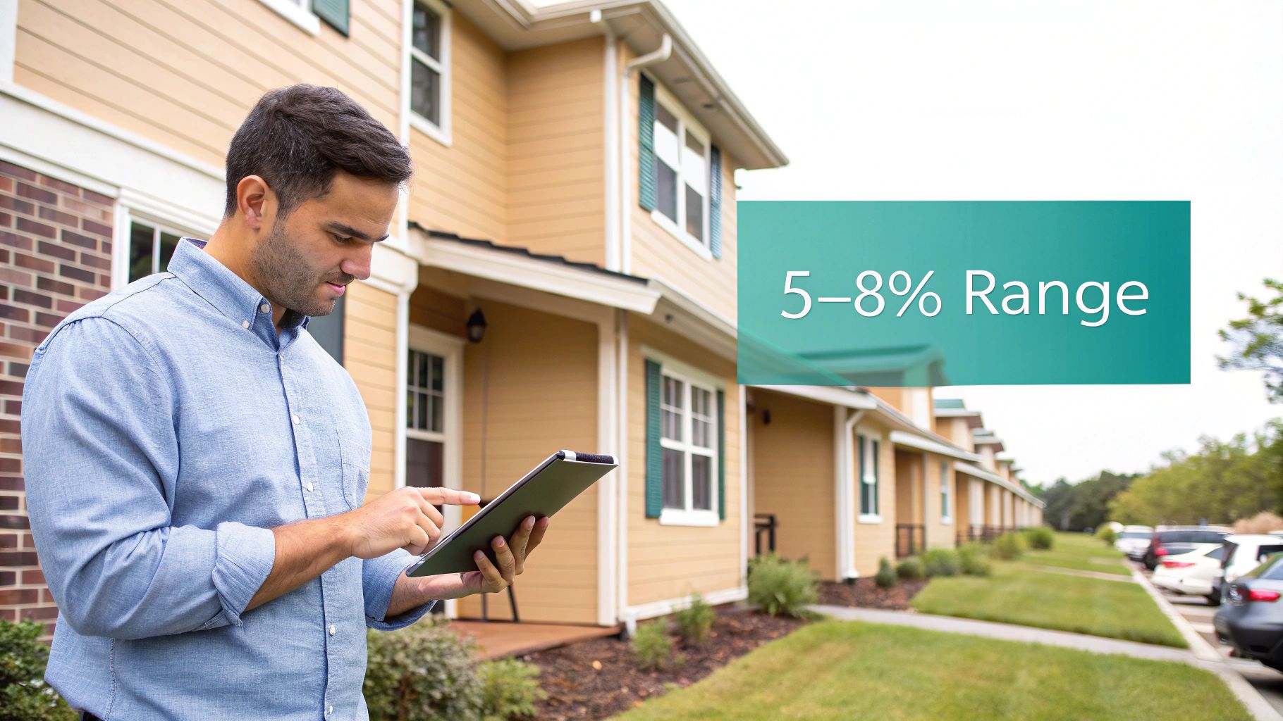 A man using a tablet in front of multi-family homes, with a '5-8% Range' graphic.