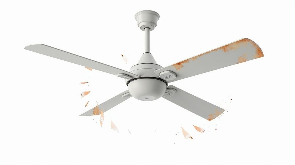 A close-up shot of a modern DC motor housing on a ceiling fan, highlighting its sleek design.