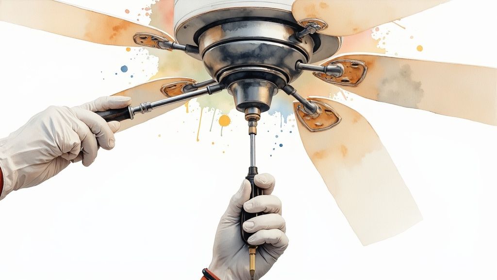 A person safely installing a modern ceiling fan with a light kit, showing tools and the ceiling electrical box.