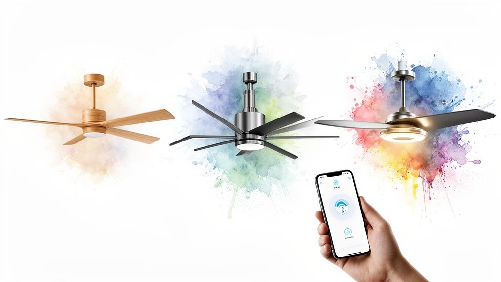 Three distinct smart ceiling fans with integrated lights, controlled by a smartphone app.