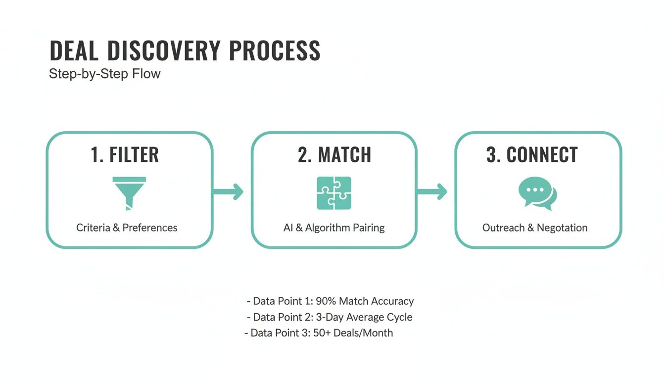 Flowchart illustrating a three-step deal discovery process: filter, match, and connect, with key performance metrics.