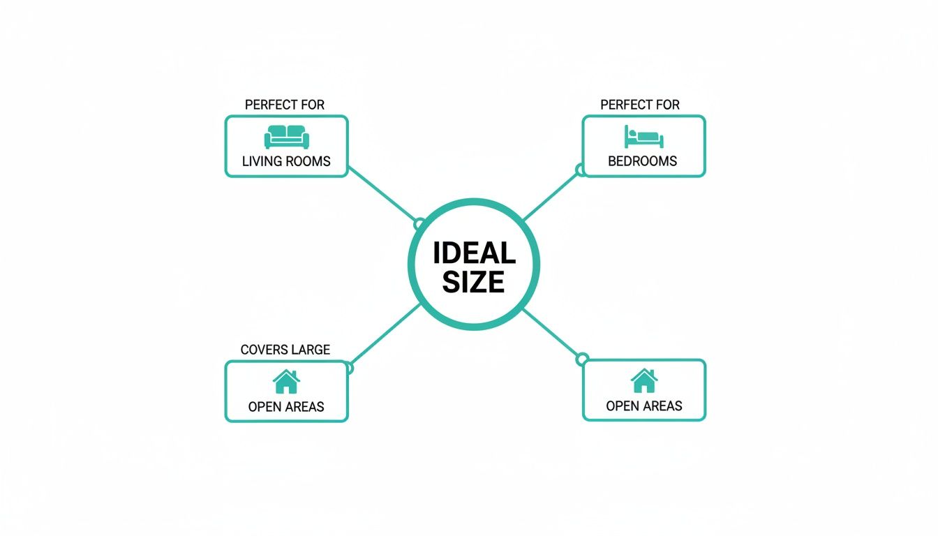 Infographic showing ideal product size suitability for living rooms, bedrooms, and open areas.