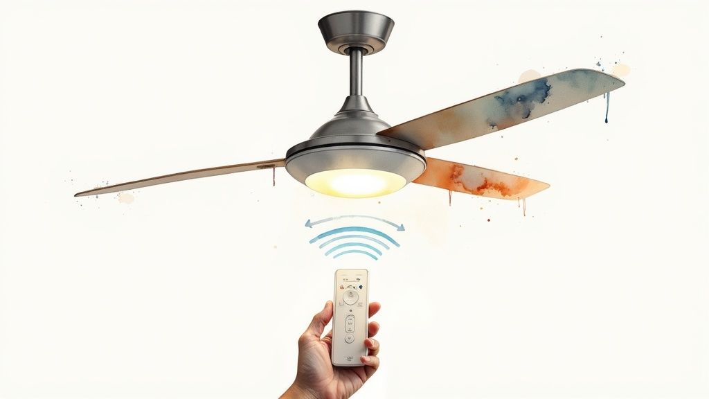 A hand holds a remote controlling a modern ceiling fan with a light and artistic blades.