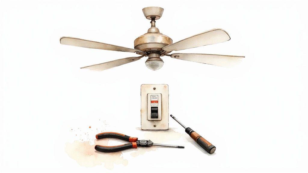 A ceiling fan, electrical switch, pliers, and screwdriver laid out for repair work.