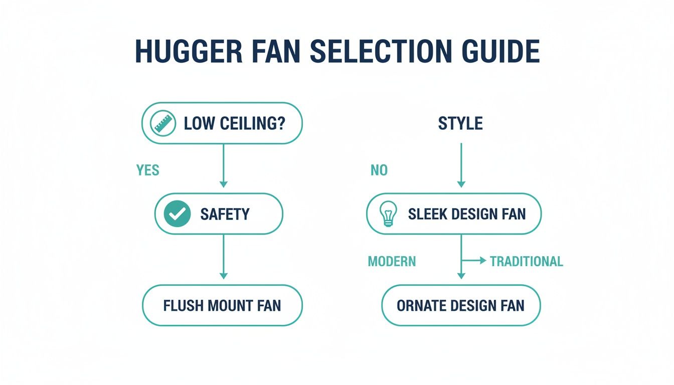 A flowchart guiding the selection of hugger fans based on low ceilings and design style preferences.
