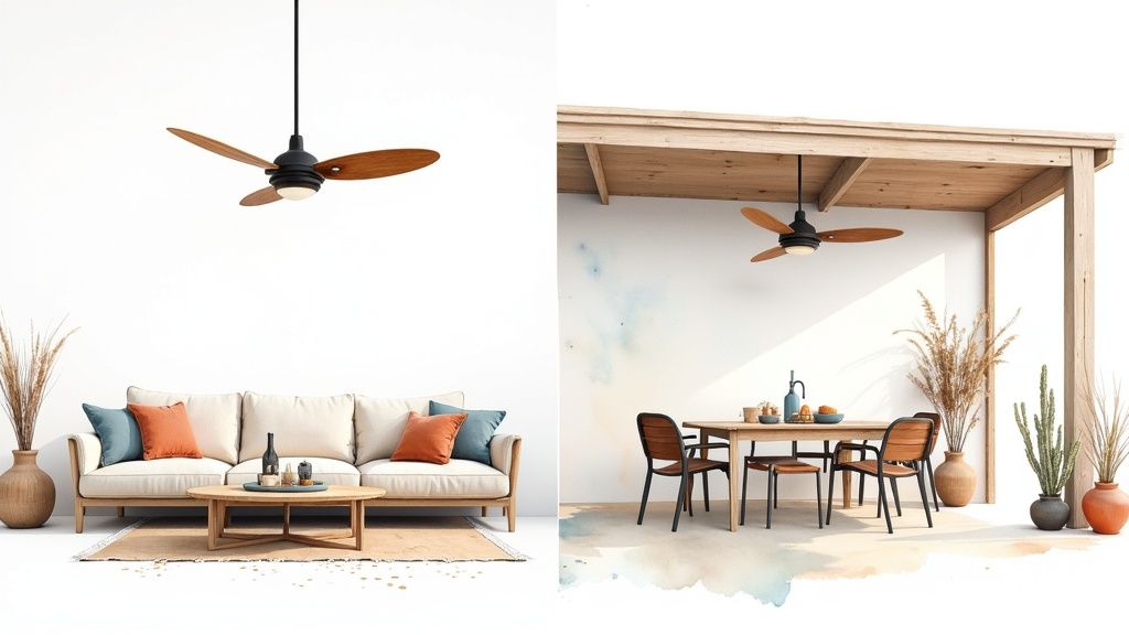 Modern ceiling fan with wooden blades in contemporary indoor and outdoor living spaces