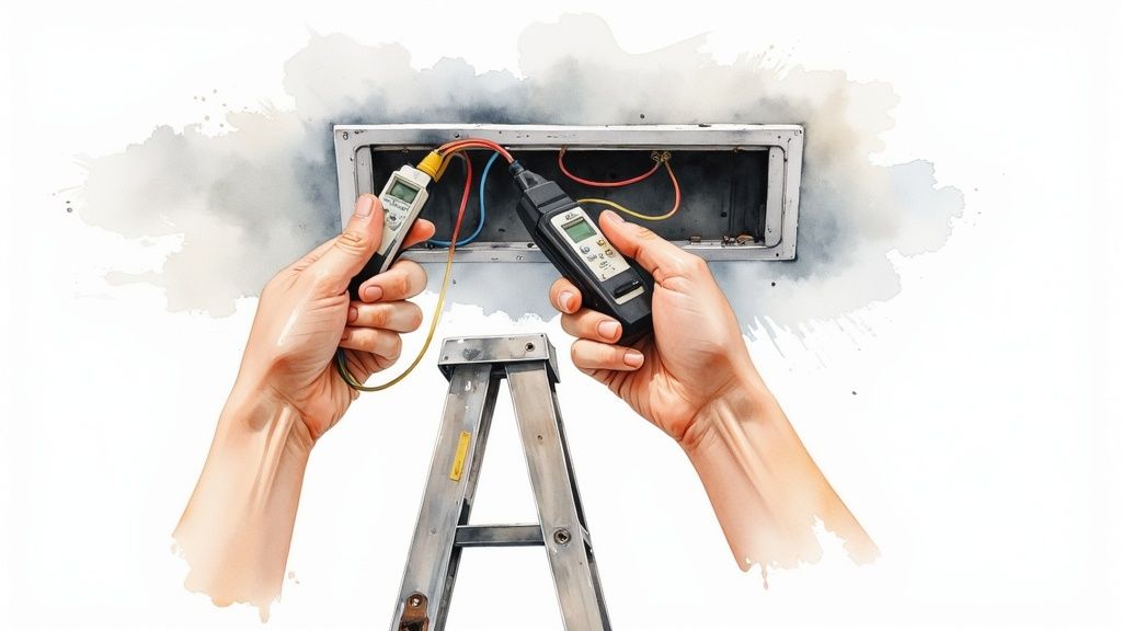 Hands using electrical testing tools on wiring in an open electrical box, with a ladder below.