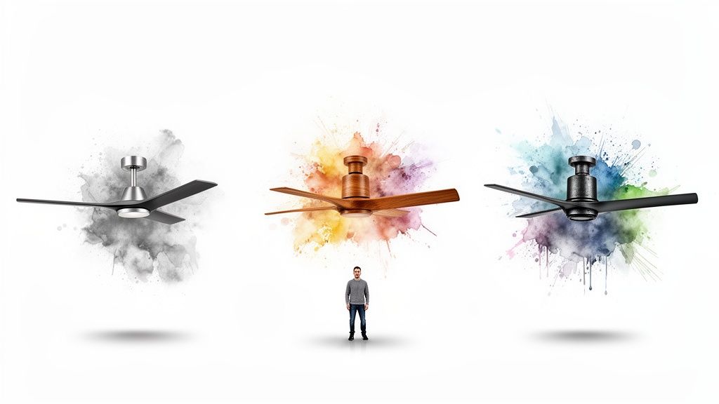 Three stylish ceiling fans in silver, wood, and black finishes with colorful watercolor splashes and a small man.