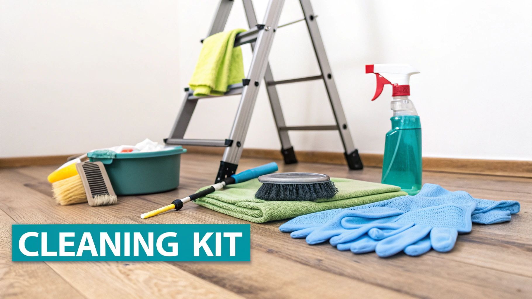 A person stands on a ladder, using a special duster to clean a ceiling fan blade, with cleaning supplies on a nearby table.