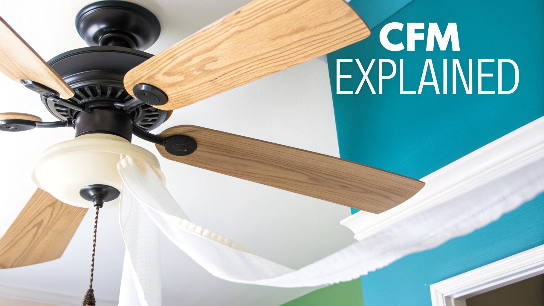 Modern ceiling fan with light wood blades in a minimalist living room