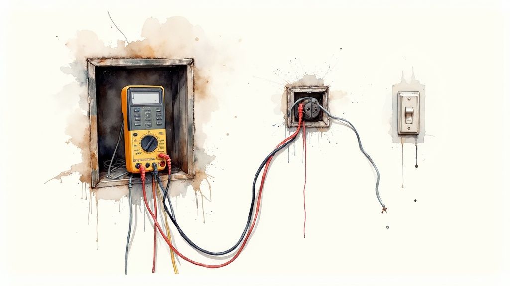 A watercolor illustration depicting an electrical setup with a multimeter, an outlet, and a light switch.