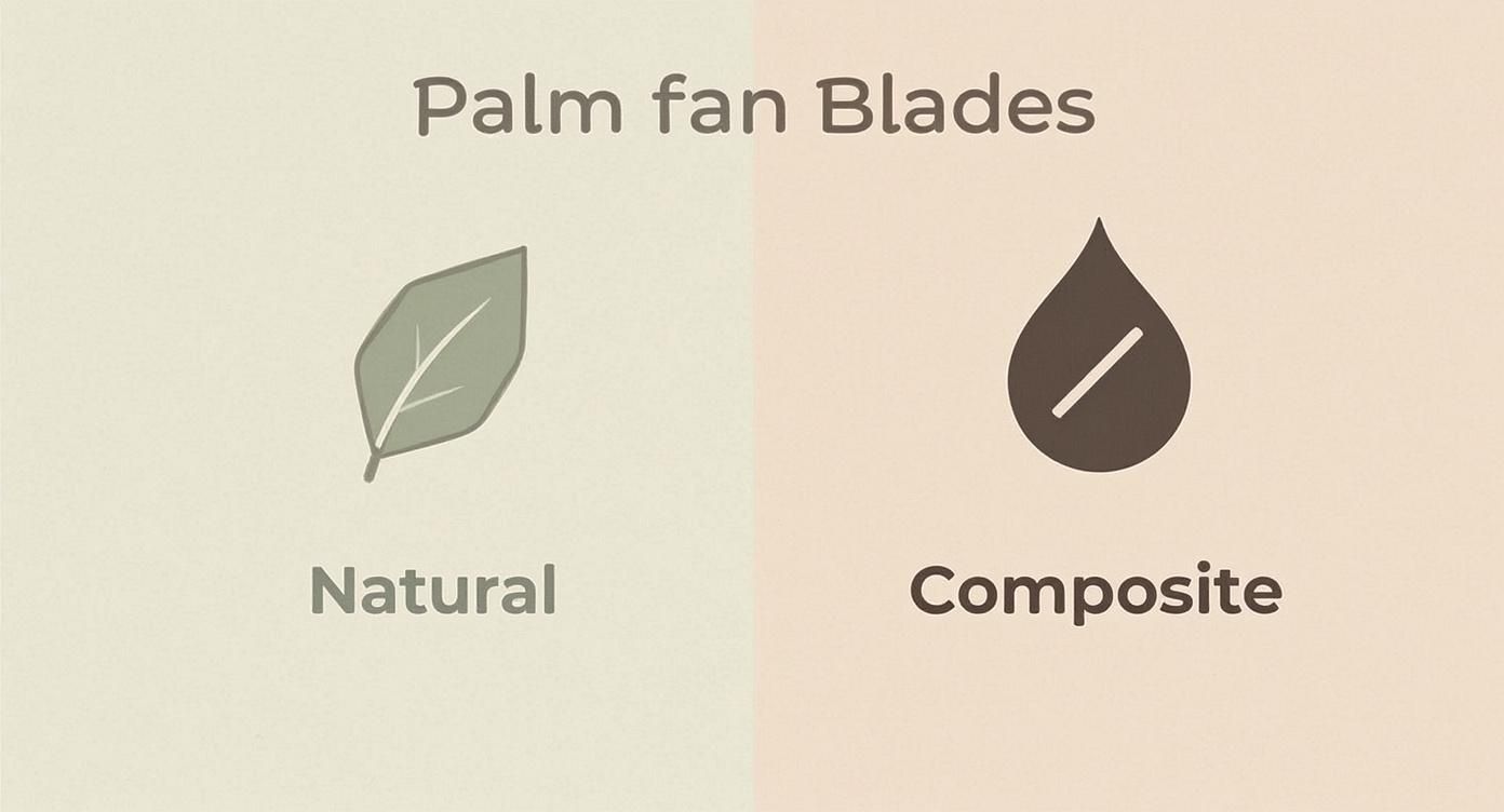 Infographic decision tree comparing natural palm fan blades for indoor use versus composite blades for outdoor or humid environments.
