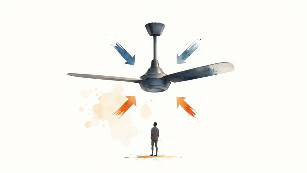 Illustration of a ceiling fan demonstrating airflow direction, with a person beneath, showing upward and downward air movement.