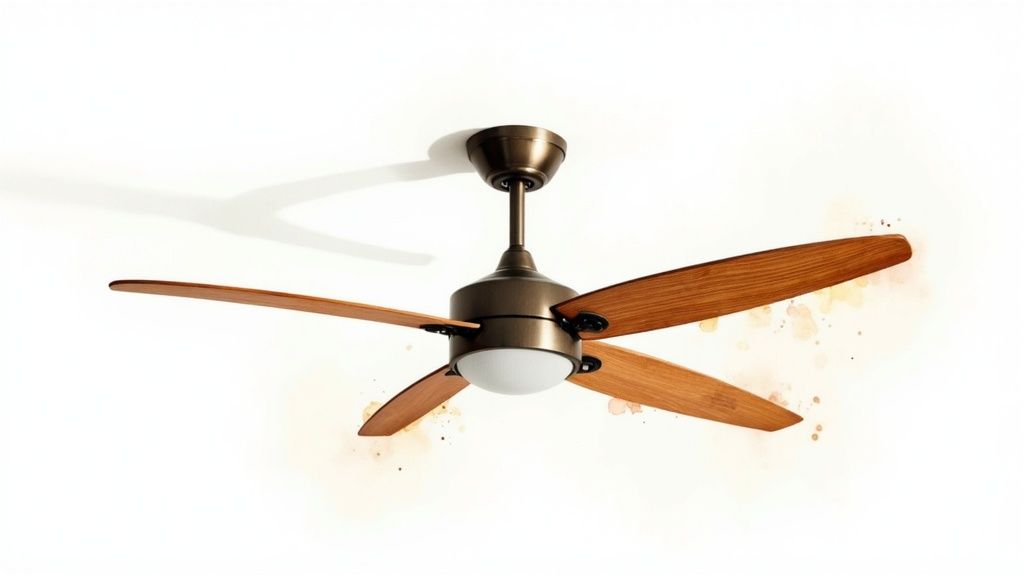 A modern living space featuring a high-end bamboo ceiling fan with dark blades.