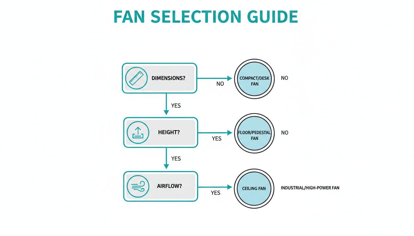 A flowchart titled 'Fan Selection Guide' helps choose a fan type based on dimensions, height, and airflow.