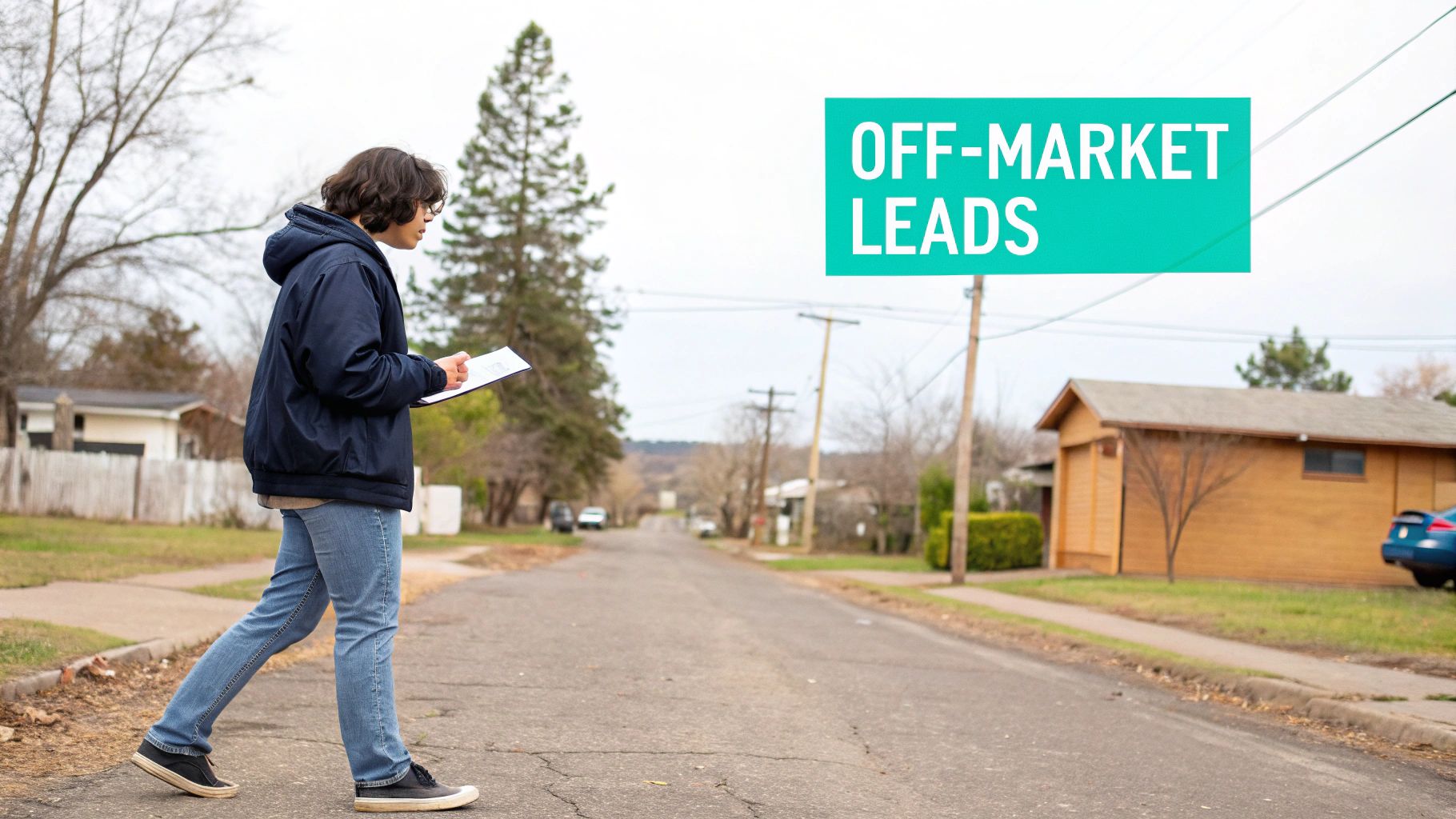 A person walks on a residential street holding a clipboard, with a sign 'OFF-MARKET LEADS' overhead.
