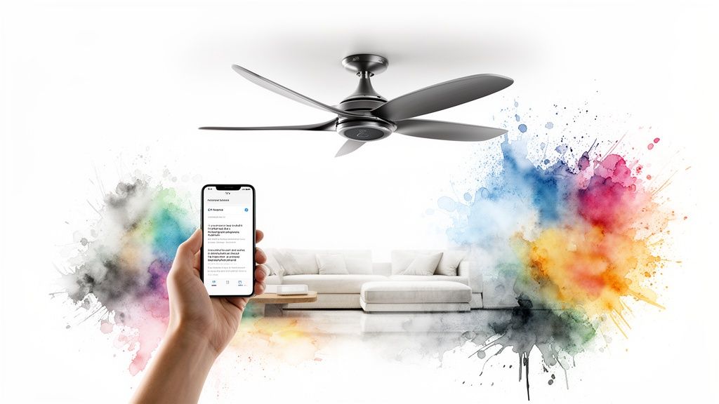 Modern gray ceiling fan controlled by a smartphone app in a stylish living room with colorful paint splashes.