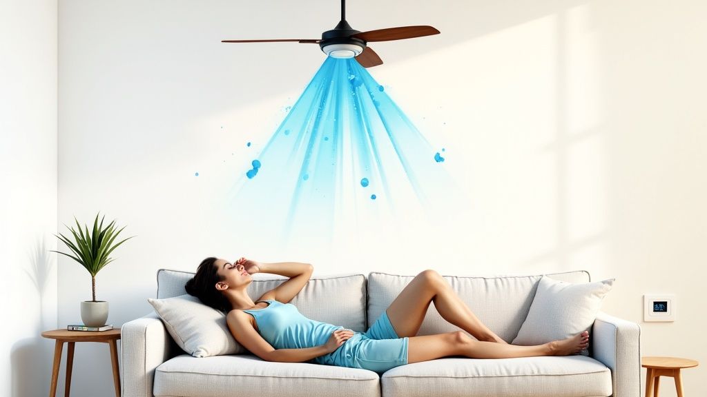 A woman relaxes on a comfortable sofa as a ceiling fan provides a refreshing cool breeze.