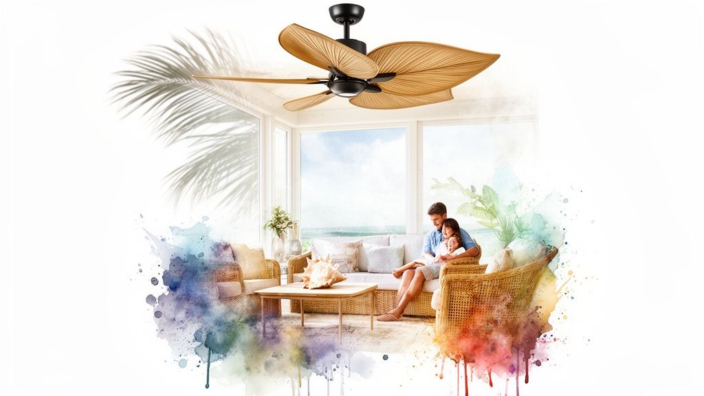 Tropical leaf-bladed ceiling fan over a family relaxing in a bright room with ocean view.