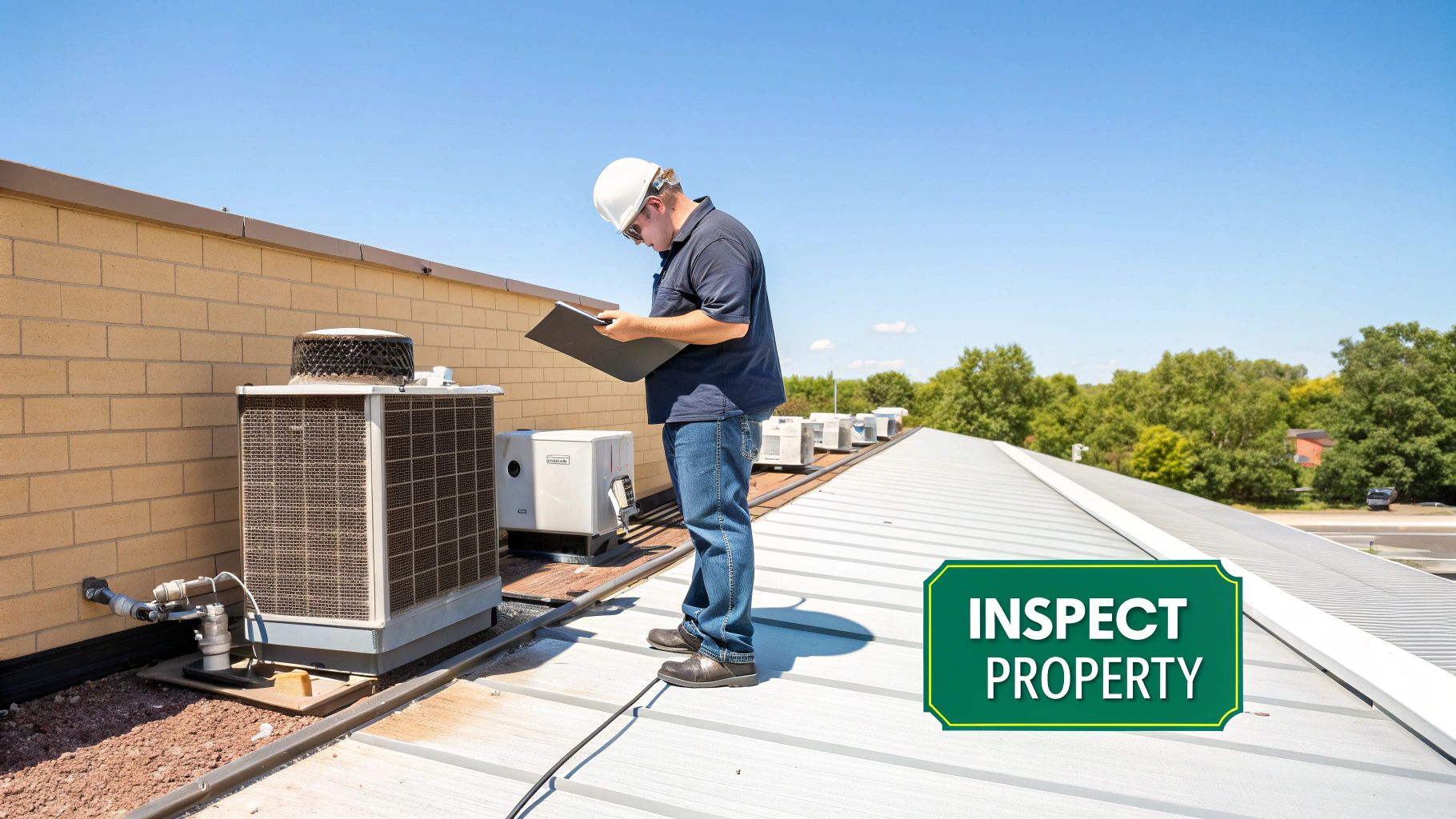 A property inspector in a hard hat examines HVAC units on a commercial building rooftop.