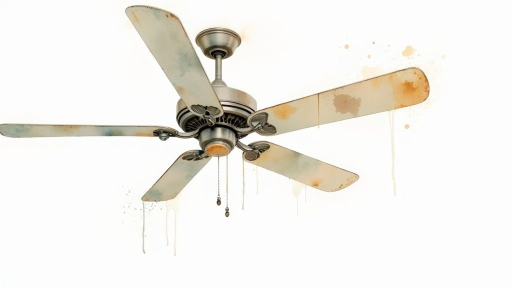 An old, grimy ceiling fan with five blades and dripping stains against a bright background.