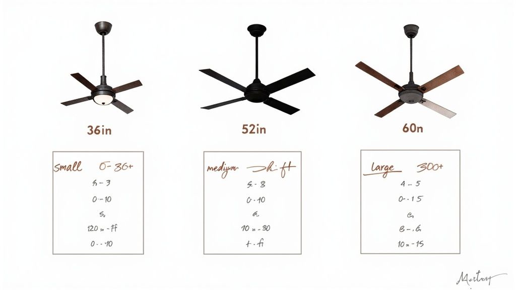 Ceiling fan size guide showing 36, 52, and 60 inch fans with room size recommendations