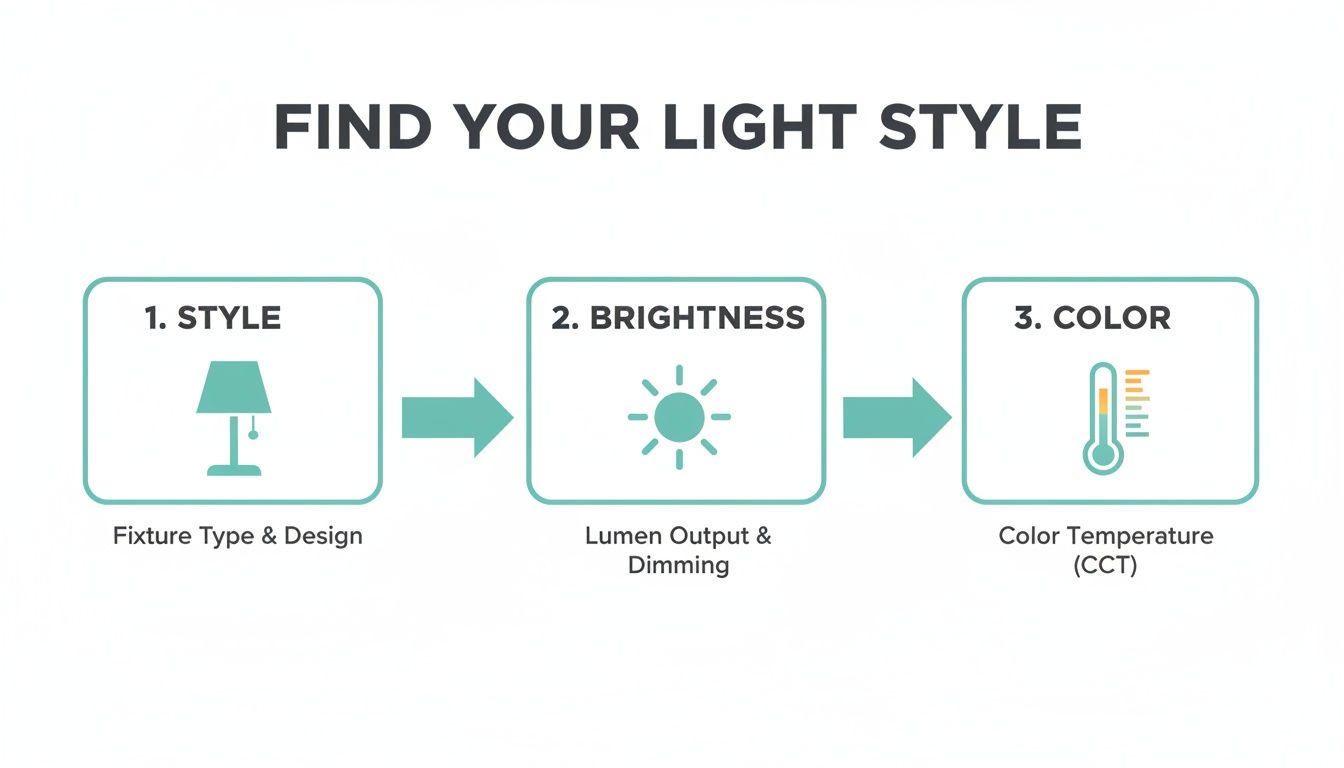 Infographic showing three steps to find your light style: fixture type, brightness, and color.