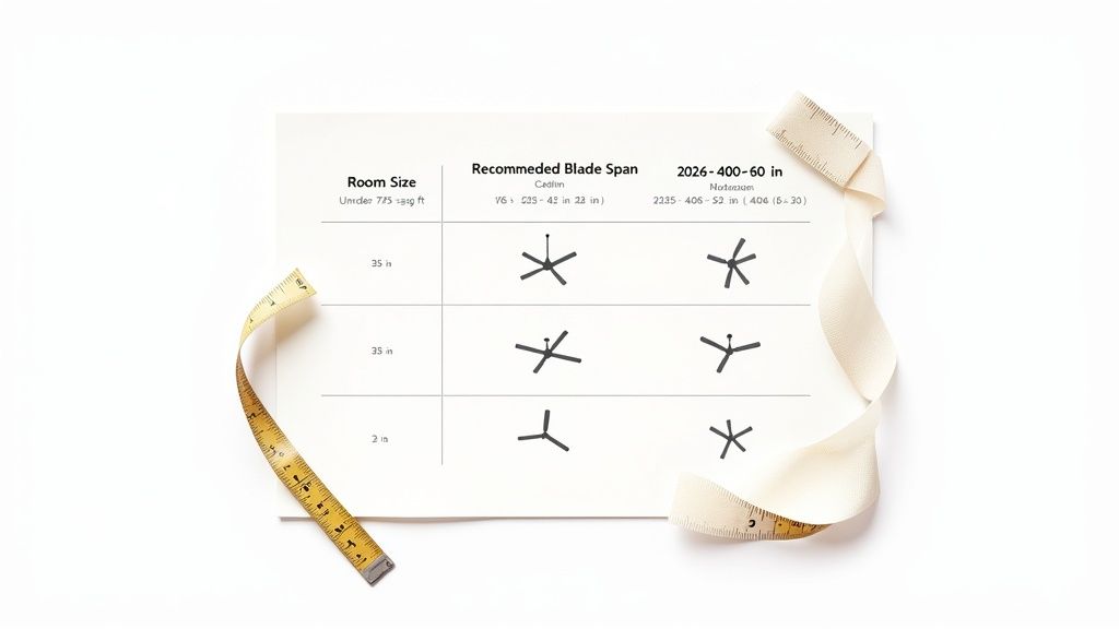 Table recommending ceiling fan blade spans by room size, illustrated with fan designs.