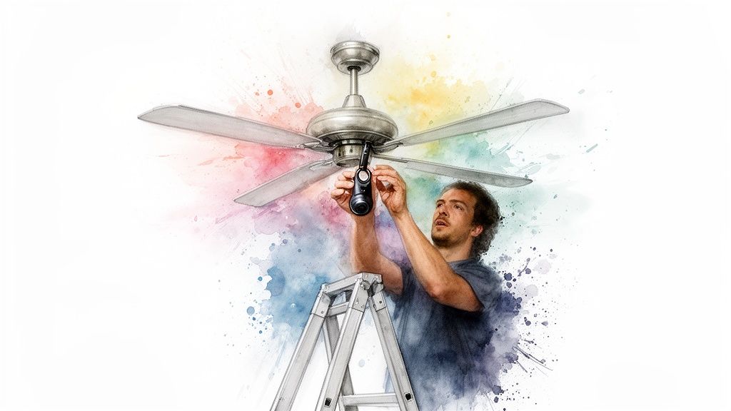 A man on a ladder installing a silver ceiling fan with an integrated light fixture.